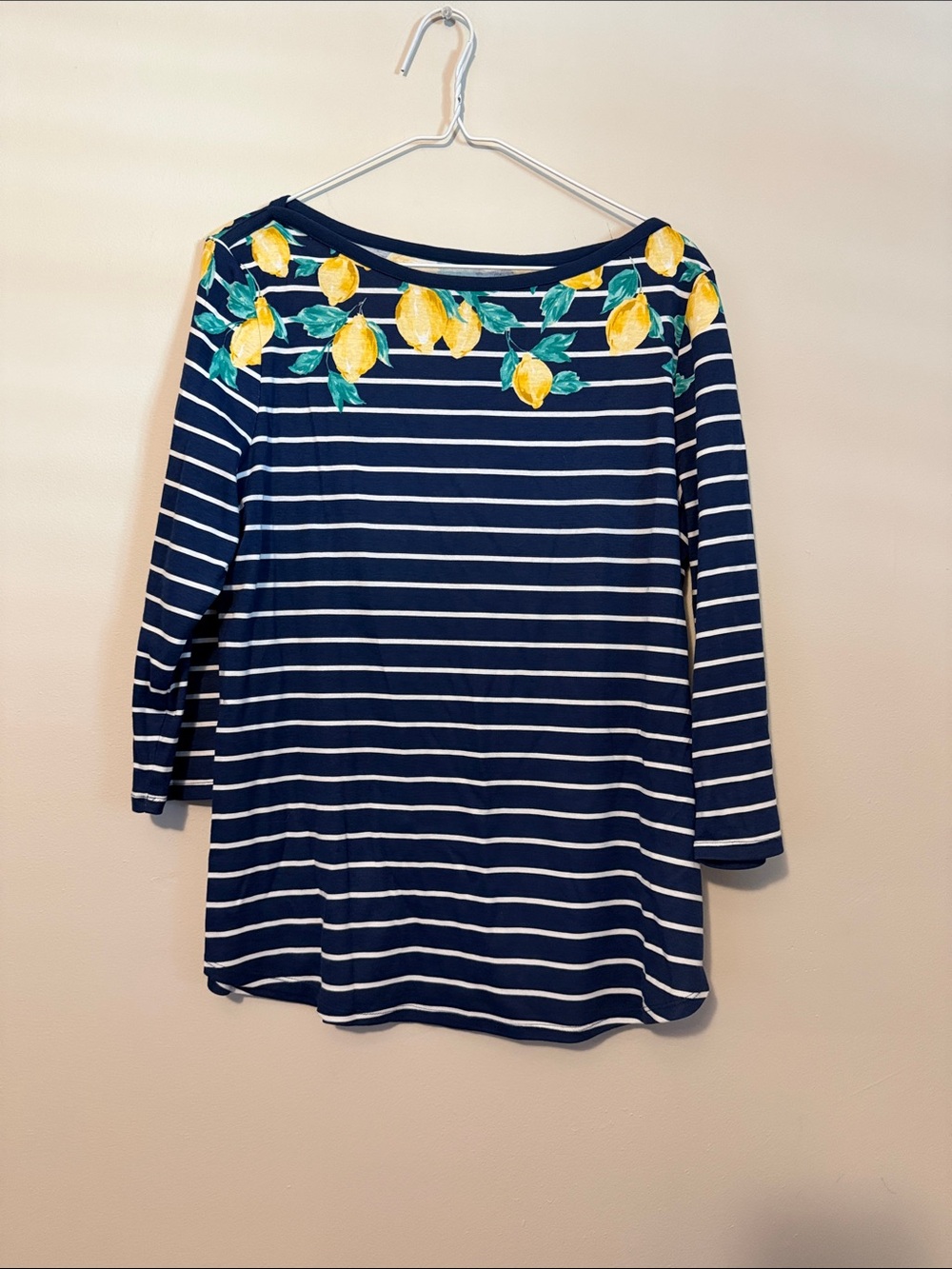 croft & barrow Navy and White Striped Long Sleeve Top with Lemons NWOT